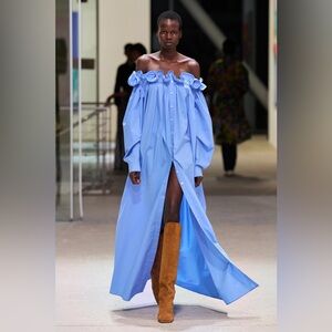 NWT AZ FACTORY+Lutz Huelle Sunset off-the-shoulder pleated cotton-poplin maxi